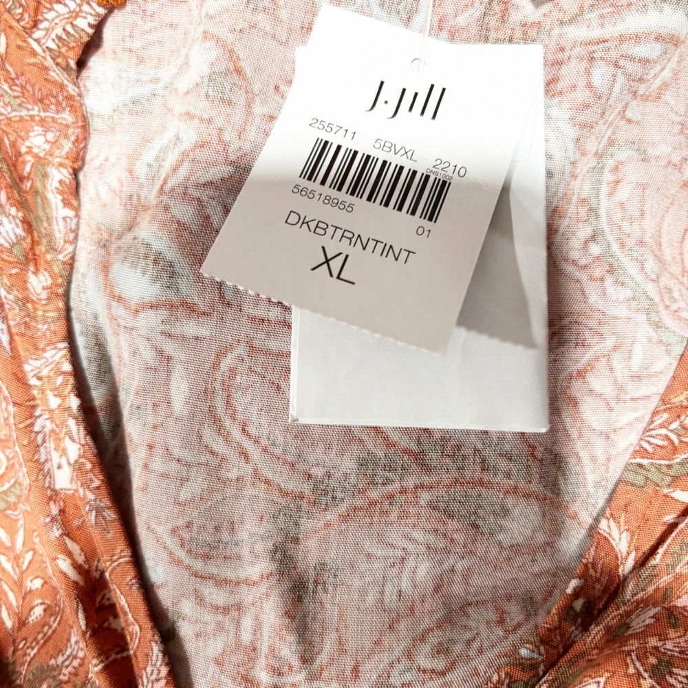 J.Jill Paisley Print Midi Dress Rust Orange Button Neck Ruffle Collar - Size XL - Picture 5 of 8